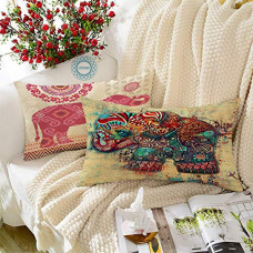 Deals, Discounts & Offers on  - STITCHNEST Rajasthani Elephant Digitally Printed Jute Material, Beige and red Combination with Multicolored Cushion Cover, Set of 2 (12 x 18 Inches )