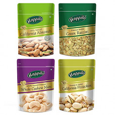 Deals, Discounts & Offers on  - Happilo Premium Dry Fruits Combo Pack of 4 | California Almonds, Green Raisins, Whole Cashews, Roasted Pistachios | Total 850 g | Healthy Dry Fruits Snacks | Kaju, Kismis, Pista & Badam Combo