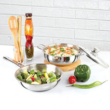 Deals, Discounts & Offers on Cookware - Cello Steelox Induction Compatible Stainless Steel Fry Pan & Kadai with Glass Lid 22 cm/2Ltrs (3 pcs Set)