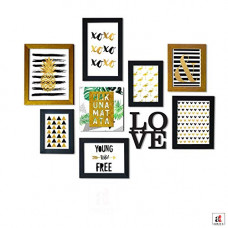 Deals, Discounts & Offers on  - Art Street Hakunamatata Synthetic Wood Individual Wall Photo Frame with Posters, 1 Canvas Print, Love MDF Plaque and Hanging Accessories (Black and Gold) - Set of 7