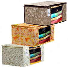 Deals, Discounts & Offers on  - Kuber Industries Metalic Printed 3 Piece Non Woven Fabric Saree Cover Set with Transparent Window, Extra Large, Brown & Golden Brown & Ivory Red -CTKTC040798