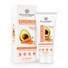 Deals, Discounts & Offers on Beauty Care - Bella Vita Organic Sunscreen SPF 50 PA+++ Light Weight Matte Finish Oil Free Moisturiser, Protects & Hydrate Skin with Aloe Vera, Vitamin E & Carrot Seed Oil, Sweat Proof, Non Greasy 50 ml