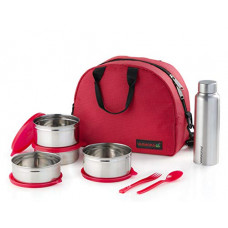 Deals, Discounts & Offers on  - Varmora SS (Stainless Steel) Family Lunch Box (Tiffine) 390ml x2 SS Container,520ml x2 SS Container,Poto SS Matt 500ml x1 (Rasberry Pink)