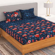 Deals, Discounts & Offers on  - Bedspun - Bedsheet Flora Collection, Glaze Cotton Bedsheet, Glaze Cotton Double Bedsheets with 150 TC, Double - Queen Size Bedsheet & 2 Pillow Covers (Floral, Navy Blue)