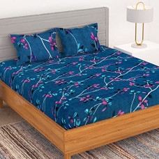 Deals, Discounts & Offers on  - Bedspun - Bedsheet Flora Collection, Glaze Cotton Bedsheet, Glaze Cotton Double Bedsheets with 150 TC, Double - Queen Size Bedsheet & 2 Pillow Covers, Leaves Pattern, Dark Blue