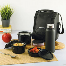 Deals, Discounts & Offers on  - Cello Max Fresh All in One Lunch Box Set of 5 with Fabric Bag | 3 Plastic Containers with Steel Inner, 1 Pickle Box and 1 Steel Bottle | Microwave Safe | Full Meal and Easy to Carry, Black, Large