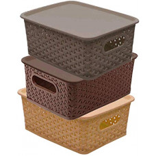 Deals, Discounts & Offers on  - Kuber Industries Plastic 3 Pieces Small Size Multipurpose Solitaire Storage Basket with Lid (Multi)-CTKTC13455