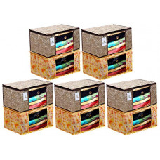 Deals, Discounts & Offers on  - Heart Home Metalic Printed 10 Piece Non Woven Fabric Saree Cover Set with Transparent Window, Extra Large, Ivory Red & Golden Brown - CTHH22814