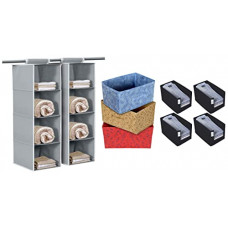 Deals, Discounts & Offers on  - Kuber Industries Organizer Box (Blue & Red & Beige, 42 x 29 x 22 cm), Set of 3 & 4 Piece Organizer Set, Black & KUBMART15322 Foldable Hanging 4 Cloth Organizer (Grey)-Pack of 2