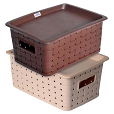 Deals, Discounts & Offers on  - Heart Home BPA Free Attractive Design Multipurpose Small Trendy Storage Basket With Lid|Material-Plastic|Color-Brown,Beige|Pack of 2