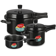 Deals, Discounts & Offers on Cookware - Pigeon by Stovekraft Hard Anodised Aluminium Pressure Cooker Combo - 2 L , 3 L and 5 L Induction Base Outer Lid Cooker (14414, Black)