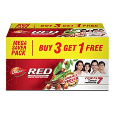 Deals, Discounts & Offers on  - Dabur Red 600g (150g x 4, Pack of 4) Toothpaste - India's No.1 Ayurvedic Paste, Provides Protection Plaque Removal, Toothache, Yellow Teeth, Bad Breath