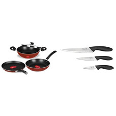 Deals, Discounts & Offers on Cookware - Pigeon by Stovekraft Basics Induction Base Non-Stick Aluminium Cookware Set, Terracotta Brown & Stainless Steel Kitchen Knives Set, 3-Pieces, Multicolour Combo