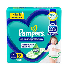 Deals, Discounts & Offers on Baby Care - Pampers All round Protection Pants, Double Extra Large size baby diapers (XXL) 9 Count, Anti Rash diapers, Lotion with Aloe Vera