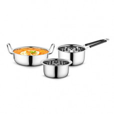 Deals, Discounts & Offers on Cookware - Profusion Stainless Steel Cookware 3 pcs Set - (Silver, Tope- 0.8 Litre, Karahi- 1.5 Litre, Sauce Pan- 0.9 Litre)