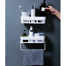 Deals, Discounts & Offers on Home Improvement - Wolpin Plastic Rectangular Multipurpose Wall Shelves with Towel Hanger Shelf Self-Adhesive Sticker Hooks (2 Pieces)