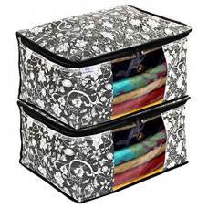 Deals, Discounts & Offers on  - Heart Home Metalic Flower Print 2 Piece Non Woven Fabric Saree Cover/Clothes Organiser For Wardrobe Set with Transparent Window, Extra Large (Black)-HHEART16515