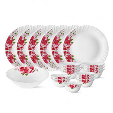 Deals, Discounts & Offers on  - Larah by Borosil Rose Red Silk Series Opalware Dinner Set, 19 Pieces, White