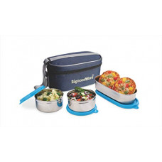 Deals, Discounts & Offers on  - Signoraware Double Decker Special Steel Lunch Box with Blue Bag, 350ml+350ml+650ml, Set of 3, Blue