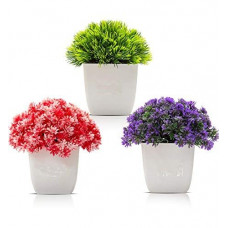 Deals, Discounts & Offers on  - PUHUHP Artificial Beautiful Cute Mini Flower Plants with Pot For Home Decor Washroom and Office Decor Christmas Diwali and Festive Decoration Set of 3 (Green-Blue-RED)
