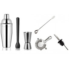 Deals, Discounts & Offers on  - Dynore Stainless Steel 6 Pcs Multiutility Bar Set/ Bar Accessories- Fork Bar Spoon, Delux Cocktail Shaker 750 ml, Black PVC Muddler, Cocktail Strainer, Tall Peg Measure 30/60 ml, 1 Wine Pourer Set of 6