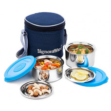 Deals, Discounts & Offers on  - Signoraware Executive Stainless Steel Double / Twin Wall 0.5 mm Thickness Small Lunch Box (350 ml, 260 ml, Blue) -Set of 2, 2 Cover Plates