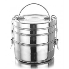 Deals, Discounts & Offers on  - FUTENSILS Manav 3-Tier Stainless Steel Clip Model Tiffin Box (Size -9x3, 2610ml, 14cm Dia, 690grams, Silver)