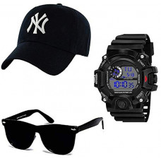 Deals, Discounts & Offers on Men - SELLORIA Black Analogue Stainless Steel Watch with Black Sunglass with basboll Cap Black