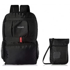 Deals, Discounts & Offers on Backpacks - Amazon Brand - Solimo Foldable Backpack and AmazonBasics RFID Blocking Travel Neck Sling Wallet, Black - (19 cm x 14 cm x 1.3 cm)