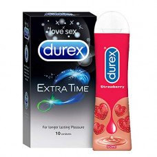 Deals, Discounts & Offers on Sexual Welness - 18+ Durex Extra Time Condoms For Men - 10 Count with Durex Lube Strawberry Flavoured Lubricant Gel for Men & Women - 50ml | Water based lube|Performa Lubricant for Climax Delay|Suitable for use with toys