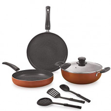 Deals, Discounts & Offers on Cookware - Nirlon Brownie Granite 7-Piece Aluminium Non Stick Cookware Gift Set with Glass Lid & 3 Spoon Brown (Compatible with All Gas & stovetops)
