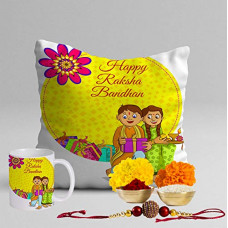 Deals, Discounts & Offers on  - STITCHNEST Rakhi Combo Hamper Set of Mug and 12 x 12 inches Canvas Cotton Cushion Cover with Filler (ccs_s01_rkh_d026_Mug_wf)