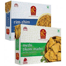 Deals, Discounts & Offers on  - Bhikharam Chandmal Rim Zhim 425g & Methi Tikhoni Mathri 425gm Combo - Indian Namkeen Snack (425X2)