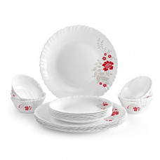 Deals, Discounts & Offers on  - [Rs. 150 Back] Cello Opalware Dazzle Scarlet Bliss Dinner Set, 18Pcs, White