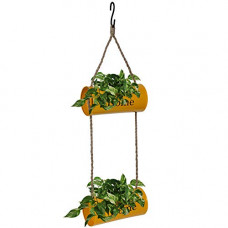 Deals, Discounts & Offers on Gardening Tools - Kraft Seeds Double Hanging Metal Pot For Home and Garden Use with Jute Rope Yellow Planter