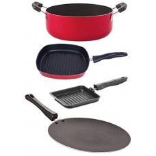 Deals, Discounts & Offers on Cookware - Nirlon Non Stick Aluminium Cooking Pan and Pot Utensils Combo Kitchen Sets,4 Pieces (Red & Black) (CT12_GP24.5_SGP_CS24)