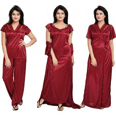 Deals, Discounts & Offers on Women - Fabme Women's four Piece Nighty ( Nighty, Robe, Top, Pyjama) ( Maroon )