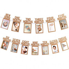 Deals, Discounts & Offers on  - HK balloons 1 to 12 Month Photo Banner For First Birthday Baby and Couple Banner with Front Side Photo Space (12 Month Banner- Beige)