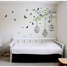 Deals, Discounts & Offers on Home Improvement - Decals Design 'Tree Branches with Leaves Birds and Cages' Wall Sticker (PVC Vinyl, 50 cm x 70 cm, Multicolour)