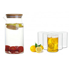 Deals, Discounts & Offers on  - Signoraware Ilusion Borosilicate Glass Regular, Set of 6, 290ml Each and Desire Borosilicate Glass Jug with Bamboo lid 1000ml, Set of 1, Transparent