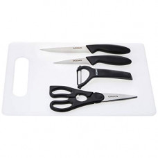 Deals, Discounts & Offers on  - Amazon Brand - Solimo Plastic Knives, Scissor, Peeler and Chopping Board (Black) -Set of 5