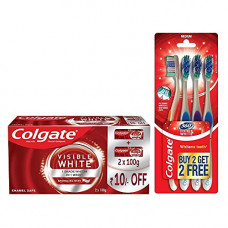 Deals, Discounts & Offers on Health & Personal Care - Colgate Visible White Teeth Whitening Toothpaste, Protects Enamel, Removes Stains, With Whitening Accelerators, 200g, 100g X 2 (Saver Pack) and Colgate 360 Visible White Toothbrush - 4 Pcs (Buy 2 Get 2 Free)