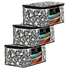Deals, Discounts & Offers on  - Kuber Industries Metalic Flower Print 3 Piece Non Woven Fabric Saree Cover/Clothes Organiser For Wardrobe Set with Transparent Window, Extra Large (Black)-KUBMART16517