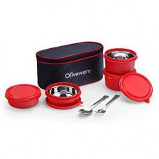 Deals, Discounts & Offers on  - SOPL-OLIVEWARE Valley Lunch Box , Stainless Steel , 4 Containers with Spoon & Fork (Red) worth Rs. 1950