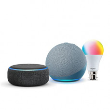 Deals, Discounts & Offers on Electronics - Echo Dot (3rd Gen, Black) and Echo Dot (4th Gen, Blue) combo with Wipro 9W LED smart Bulb