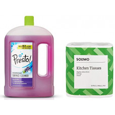 Deals, Discounts & Offers on  - Amazon Brand - Presto! Disinfectant Floor Cleaner Lavender, 2 L & Amazon Brand - Solimo 2 Ply Kitchen Tissue Paper Roll - 60 Pulls (Pack of 2) Combo