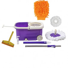 Deals, Discounts & Offers on Home Improvement - Frestol Plastic Mop with Wheel+ 2 Refill+Rod+1 Wiper +1 glove - Purple