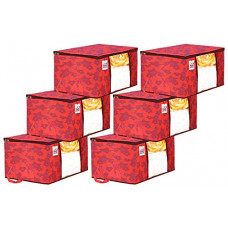 Deals, Discounts & Offers on  - Fun Homes Metallic Printed Non Woven Fabric Under Bed Storage Bag/Organiser Blanket Cover with Transparent Window (65 cm x 45 cm x 31 cm, Red)-6 Pieces