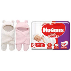 Deals, Discounts & Offers on Baby Care - My Newborn Baby 3 in 1 Baby Blanket-Safety Bag-Sleeping Bag Pack of 2 Pcs&Huggies Wonder Pants (Xs) 24 Count