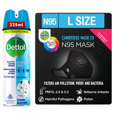 Deals and Offers on  - Dettol Disinfectant Sanitizer Spray For Germ Protection on Hard & Soft Surfaces, Spring Blossom, 225ml & Dettol Cambridge N95 Mask  Reusable, Washable, with Breathing Valve (Black, Large) Deals, Discounts & Offers on  - Dettol Disinfectant Sanitizer Spray For Germ Protection on Hard & Soft Surfaces, Spring Blossom, 225ml & Dettol Cambridge N95 Mask  Reusable, Washable, with Breathing Valve (Black, Large)